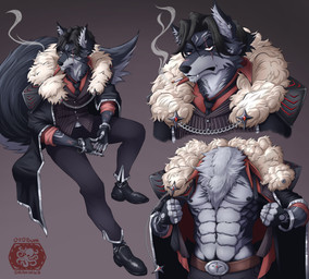 abs anthro black_body black_fur black_hair black_nose body_hair chest_fur chest_hair chest_tuft cigarette clothing fluffy fluffy_ears fluffy_tail fur fur_coat fur_collar grey_body grey_fur hair inner_ear_fluff male muscular muscular_anthro muscular_male navel red_eyes scar serious shoulder_pads sitting smoke smoking suit tail tuft canid canine canis mammal wolf absurd_res hi_res