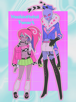 4_arms antennae_(anatomy) bald belt boots bottomwear clothing duo female fishnet_clothing fishnet_legwear footwear hat headgear headwear high_heeled_boots high_heels jacket legwear male multi_arm multi_limb sharp_teeth shoes skirt teeth text thigh_boots thigh_highs topwear enaic31 hazbin_hotel hellaverse valentino_(hazbin_hotel) velvette_(hazbin_hotel) animal_humanoid arthropod arthropod_humanoid demon demon_humanoid humanoid insect insect_humanoid lepidopteran lepidopteran_humanoid moth_humanoid absurd_res copyright_name hi_res