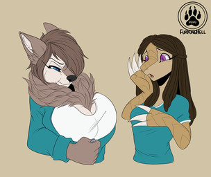 anthro big_breasts blue_eyes breast_envy breasts brown_body brown_fur brown_hair claws clothing dreadlocks duo female fluffy fur hair hand_on_chest purple_eyes tight_clothing winter_locklear zipper jesterghastly amy_olara-okello canid canine canis domestic_dog husky mammal nordic_sled_dog pangolin spitz