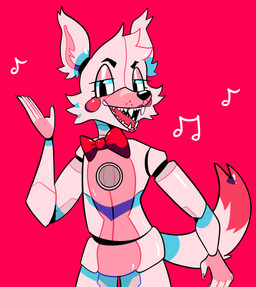 5_fingers ambiguous_gender anthro bow_(feature) bow_tie claws eyeshadow fingers half-closed_eyes head_tuft lipstick machine makeup musical_note musical_symbol narrowed_eyes pink_body red_background sharp_teeth simple_background solo speaker standing symbol teeth tuft white_body roomfoam five_nights_at_freddy's scottgames sister_location funtime_foxy_(fnaf) animatronic canid canine fox mammal robot 2020 hi_res