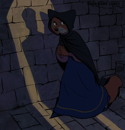 4_fingers anthro black_cloak black_clothing blue_clothing blue_dress castle clasped_hands cloak clothed clothing dark_cloak detailed_background dress female fingers group inside silhouette silhouetted_body sneaking spy spying standing stone_floor stone_wall trio walking wall_(structure) sir_paulus disney robin_hood_(disney) maid_marian canid canine fox mammal hi_res signature
