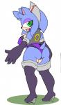 accessory anthro big_breasts blue_body blue_fur boots breasts butt clothing female footwear fur gloves green_eyes hair_accessory hairband handwear high_heeled_boots high_heels huge_breasts legwear leotard shoes solo thigh_boots thigh_highs topwear vest tryfag sega sonic_the_hedgehog_(series) fan_character odele_tunst eulipotyphlan hedgehog mammal