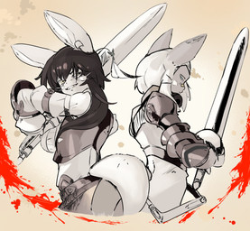 accessory anthro armor bandage bandage_on_face battle blood bodily_fluids crazy_eyes duo ears_up grin grinning_at_viewer hair hair_accessory loose_feather male melee_weapon piercing pose simple_background smile smiling_at_viewer sword tail weapon maiconsandey drakengard made_in_abyss square_enix alex_the_narehate butters caim inuart narehate absurd_res black_and_white hi_res monochrome