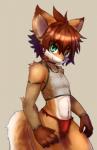 anthro black_nose brown_body brown_fur brown_hair clothing fishnet_clothing fur green_eyes hair looking_at_viewer male red_clothing red_underwear simple_background smile solo standing thong underwear white_body white_fur young young_anthro kemorate canid canine mammal 2017