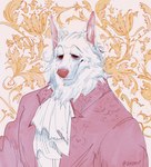 anthro clothing coat cravat empty_eye_sockets eyeless fur male pink_clothing pink_coat pink_topwear rococo_clothing solo topwear tuft white_body white_fur vonzent canid canine canis mammal wolf hi_res