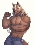 2019 abs anthro biceps big_biceps big_muscles big_pecs biped brown_body canid canine canis clothed clothing digital_media_(artwork) facial_hair front_view fur goatee hair half-length_portrait hi_res long_hair looking_at_viewer male mammal manly muscular muscular_anthro muscular_male navel pecs portrait raytig12 solo topless v-cut wolf