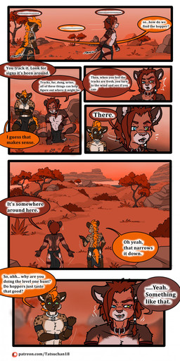 anthro bottomwear clothing collar cuff_(restraint) dialogue duo loincloth male metal_collar plant restraints rock savanna tail text tree tatsuchan18 havoc_(tatsuchan18) felid hyena lion mammal pantherine absurd_res comic digital_media_(artwork) english_text hi_res multiple_scenes url