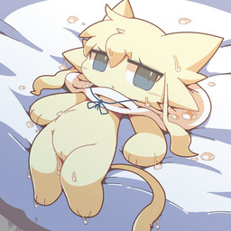 anthro bed biped blue_eyes cat_tail cheek_tuft cloak clothing facial_tuft female female_anthro fur fur_tuft furniture head_tuft high-angle_view looking_at_viewer lying lying_on_bed monotone_body monotone_fur mostly_nude mostly_nude_anthro mostly_nude_female on_back on_bed plantigrade slim slim_anthro slim_female solo tuft wet yellow_body yellow_fur crepix makemon alice_(makemon) domestic_cat felid feline felis mammal 2020 cel_shading digital_drawing_(artwork) digital_media_(artwork) shaded