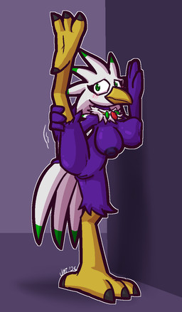 against_surface against_wall anthro beak big_breasts black_claws blush breast_squish breasts claws feathers feet female genitals green_eyes green_pupils leg_above_head motion_lines nervous nervous_smile nipples non-mammal_breasts non-mammal_nipples nude one_leg_up pupils purple_body purple_feathers purple_nipples raised_leg solo squish tail tail_feathers talons toe_claws toes vulva white_body white_feathers yellow_beak yellow_body ultilix clarity_(sydriosis) accipitriform avian bird hades_condor vulture 2026 hi_res