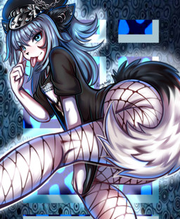 abstract_background alternative_fashion anthro blue_body blue_eyes blue_fur blue_hair butt clothed clothing clothing_pull curvy_figure ear_piercing erotica female fishnet_stockings fluffy fluffy_tail fur goth hair long_hair looking_at_viewer piercing presenting punk shirt shirt_pull solo t-shirt tail tongue tongue_out topwear topwear_pull white_body rogbiejoke felid feline mammal absurd_res digital_media_(artwork) hi_res trans_(lore) trans_woman_(lore)