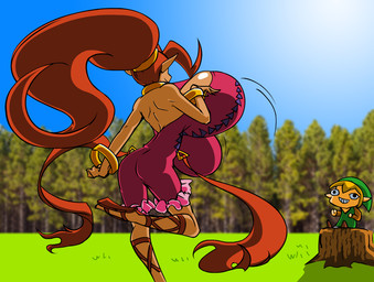 big_breasts blonde_hair breasts butt clothing duo female green_clothing hair huge_breasts hyper hyper_breasts male not_furry orange_hair outside rear_view simple_background sepiascribe ultimatetransfan nintendo oracle_of_seasons the_legend_of_zelda din link humanoid hylian 2013