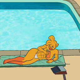 breasts bulge drinking gynomorph intersex muscular muscular_gynomorph muscular_intersex poolside purple_eyes solo yellow_body yellow_skin crisis-omega muscle_bird avian bird chicken galliform phasianid 1:1