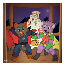 anthro blue_eyes candy casual_exposure clothing costume dessert exhibitionism exposed food fur genitals grey_body grey_fur group holidays male moon multicolored_clothing night orange_body orange_eyes orange_fur outside penis public_indecency purple_body purple_fur trick-or-treating trio white_clothing wings yellow_body yellow_fur young young_anthro young_male moronileon dc_comics halloween marvel mythology caleb_(calebthefox) drago_ignis louis_(louisdanes) mage_(final_fantasy) robin_(dc) canid canine canis domestic_dog dragon fox husky mammal mythological_creature mythological_scalie nordic_sled_dog scalie spitz wolf absurd_res hi_res