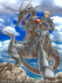 ambiguous_gender armor blonde_hair cloud detailed_background duo feral hair horn male melee_weapon outside reins riding saddle sky straddling sword tail text toony warrior weapon karabiner mythology dragon human mammal mythological_creature mythological_scalie scalie 1997 3:4 detailed english_text signature