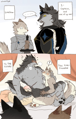 anal anal_penetration anthro armor black_nose blush blush_lines bodily_fluids brown_body brown_fur caught_in_the_act claws cum curtains duo embarrassed eyes_closed facial_scar feet fluffy fluffy_tail fur genital_fluids grey_body grey_fur heart_symbol kemono knight larger_penetrated larger_sub male male/male male_penetrated male_penetrating male_penetrating_male medieval melee_weapon military no_pupils nude nude_anthro nude_male on_lap pecs penetration pointy_ears scar scars_all_over sex sitting sitting_on_another sitting_on_lap size_difference small_top_big_bottom soldier submissive surprised sword tail tan_body tan_fur text time_travel toe_claws warrior weapon white_body white_fur lovebuffpg45 somehow_have_time-traveled_to_the_future canid canine canis mammal wolf 2026 absurd_res comic english_text hi_res