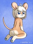 anthro anus backsack balls blue_eyes blush butt fur genitals hair kneeling looking_at_viewer looking_back male nude rear_view solo tan_body tan_fur white_hair young young_anthro suephy mammal mouse murid murine rodent 3:4