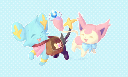 ambiguous_gender bow_accessory bow_ribbon bow_tie cute_fangs dotted_background duo eyes_closed fangs feral fur happy kerchief messenger_bag neckerchief neckwear one_fang open_mouth open_smile orb pattern_background prehensile_tail quadruped scarf simple_background smile tail tail_hold teeth wonder_orb pikachowcat nintendo pokemon pokemon_mystery_dungeon spike_chunsoft generation_3_pokemon generation_4_pokemon pokemon_(species) shinx skitty hi_res signature