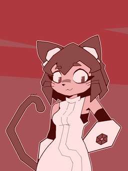 anthro brown_hair clothing eyelashes eyewear female hair hands_behind_back handwear pupils red_background simple_background solo square_pupils tail whiskers zoroark654 gameoverse glitch_productions kit_bodega domestic_cat felid feline felis mammal 3:4 aliasing digital_media_(artwork) restricted_palette signature
