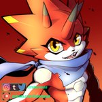 anthro horn male pecs red_body scarf sharp_teeth solo teeth yellow_eyes rokuromon bandai_namco digimon digimon_ghost_game betelgammamon digimon_(species) scalie 1:1