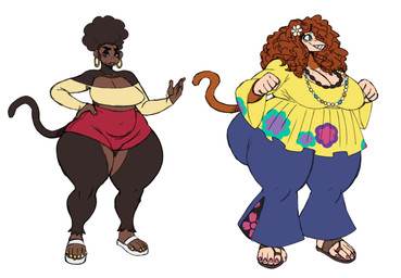 5_fingers 5_toes accessory afro alternative_fashion anthro bell-bottoms belly_outline big_breasts blue_bottomwear blue_clothing blue_eyes blue_pants bottom_heavy bottomwear breasts brown_body brown_clothing brown_footwear brown_fur brown_hair brown_sandals brown_shoes brown_tail cleavage clothed clothed_anthro clothed_female clothing countershading duo ear_piercing ear_ring eyebrows feet female female_anthro fingers flower flower_in_hair footwear freckles fur gold_(metal) gold_ear_ring gold_jewelry gold_necklace hair hair_accessory hippie hoop_ear_ring huge_hips huge_thighs jewelry lips looking_at_viewer narrowed_eyes navel_outline necklace orange_hair orange_tail overweight overweight_anthro overweight_female pants pear-shaped_figure piercing plant red_bottomwear red_clothing red_shorts ring_piercing sandals shirt shoes shorts simple_background smile tail teeth thick_thighs toes topwear white_background white_clothing white_footwear white_sandals white_shoes wide_hipped_anthro wide_hipped_female wide_hips yellow_clothing yellow_shirt yellow_topwear sssonic2 laura_(sssonic2) tabitha_(sssonic2) haplorhine mammal monkey primate 2025 digital_drawing_(artwork) digital_media_(artwork) full-length_portrait hi_res portrait
