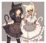 alternative_fashion apron blonde_hair blue_eyes blush brown_hair clothing dark_body dark_skin dress duo female hair j-fashion kuro_lolita legwear lolita_(fashion) looking_at_viewer pantyhose ribbons shiro_lolita short_hair simple_background yellow_eyes sand-rain animal_humanoid cat_humanoid felid felid_humanoid feline feline_humanoid humanoid mammal mammal_humanoid