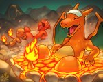 anthro bathing bathing_in_lava daww fog fumes group happpy lava lava_bath mountain red_body red_skin sky solo_focus sweating_profusely teal_sky tongue tongue_out trio volcano ry-spirit nintendo pokemon charizard charmeleon generation_1_pokemon pokemon_(species)