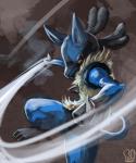 ambiguous_gender anthro blue_body blue_fur fur looking_at_viewer punch red_eyes solo spikes tail sa-dui nintendo pokemon canid canine generation_4_pokemon lucario mammal pokemon_(species) 5:6 hi_res