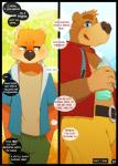 anthro backpack banjo-kazooie banjo_(banjo-kazooie) bear black_text_box black_thought_bubble blue_text bodily_fluids bottle brown_body brown_fur clothed clothing color_coded color_coded_text comic conjoined_thought_bubble conker conker's_bad_fur_day container crossover dialogue duo ellipsis english_text fur group hi_res holding_bottle holding_container holding_object hollo_nut inner_monologue male mammal name_drop name_in_inner_monologue page_number plant rareware red_clothing red_shirt red_text red_topwear rodent sciurid shirt speech_bubble sweat text text_box thought_bubble topwear tree tree_squirrel underline white_text