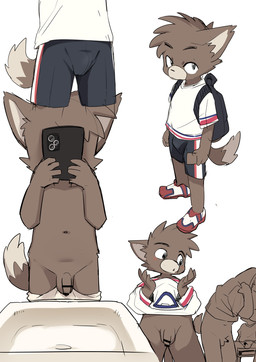 anthro backpack balls bottomwear briefs brown_body brown_fur bulge clothed clothing electronics flaccid fur genitals grey_bottomwear grey_clothing grey_shorts ineffective_censorship kemono male mirror mirror_selfie multicolored_body multicolored_fur navel nude partially_clothed penis phone selfie shirt shorts sink t-shirt tail topwear two_tone_body two_tone_fur underwear underwear_down undressing white_clothing white_shirt white_topwear young young_anthro young_male manmosu_marimo domestic_cat felid feline felis mammal 2026 censored