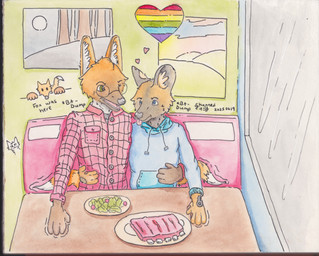 anthro blep blue_eyes cheek_tuft clothing detailed_background diner duo eyewear facial_tuft flannel food glasses graffiti graffiti_on_wall green_eyes head_tuft heart_symbol hoodie hug inner_ear_fluff lgbt_pride male male/male markings motion_lines one_eye_closed onomatopoeia open_mouth painting_(object) pride_colors restaurant ribs_(food) romantic romantic_couple salad smile sound_effects text tongue tongue_out topwear tuft wearing_glasses wink shunnedpies boy_kisser_(meme) kilroy_was_here lgbt_pride_month african_wild_dog canid canine mammal maned_wolf 2025 absurd_res english_text hi_res meme mixed_media painting_(artwork) pen_(artwork) signature traditional_media_(artwork) watercolor_(artwork)