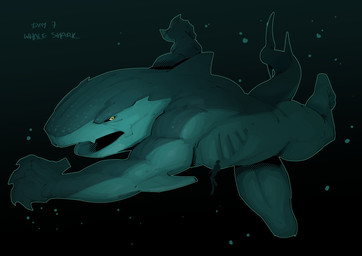 anthro biped black_sclera clothing duo male muscular muscular_anthro muscular_male muscular_thighs nude solo_focus swimming underwater water yellow_eyes mashtateos weretober aquatic carpet_shark fish shark whale_shark absurd_res hi_res
