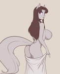 anthro big_breasts breasts butt eyebrows eyelashes female glistening glistening_breasts hair looking_back nude open_mouth purple_eyes side_boob solo towel scorpdk felid feline felis mammal 2024 absurd_res hi_res portrait three-quarter_portrait