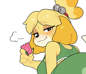 anthro blonde_hair blush bodily_fluids bottomwear breasts butt clothing condom female fingernails green_bottomwear green_clothing green_pants green_shirt green_tank_top green_topwear hair half-closed_eyes looking_at_viewer nails narrowed_eyes pants sexual_barrier_device shirt solo sweat tank_top topwear yellow_body bingbingzi animal_crossing nintendo isabelle_(animal_crossing) hi_res