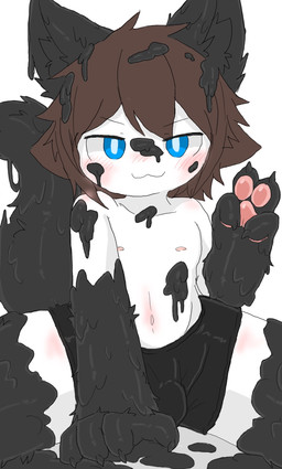 :3 biped black_body black_bottomwear black_claws black_clothing black_ears black_fur black_inner_ear_fluff black_latex black_shorts black_tail blue_eyes blush blush_lines body_blush bottomwear brown_hair bulge claws clothing front_view fur hair inner_ear_fluff latex latex_clothing liquid_latex looking_at_viewer male monotone_background monotone_body navel nipples pawpads pink_blush pink_nipples pink_pawpads pupils shorts simple_background sitting smile smiling_at_viewer smirk smirking_at_viewer solo spread_legs spreading tail toony transformation tuft white_background white_body white_pupils white_skin chano changed_(video_game) lin_(changed) human latex_creature mammal hi_res