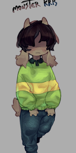 alternate_species ambiguous_gender anthro bottomwear brown_body brown_fur brown_hair clothing denim denim_bottomwear denim_clothing footwear fur green_clothing green_sweater green_topwear grey_background hair hair_over_eyes horn jeans pants shoes simple_background solo sweater tail text topwear utaro_uta deltarune undertale_(series) kris_dreemurr bovid caprine goat mammal 2025 english_text
