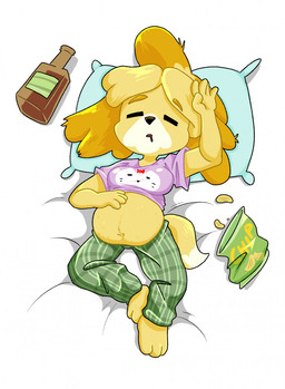 alcohol anthro belly beverage breasts chips_(food) clothed clothing drunk female food lazy navel overweight pajamas pillow solo substance_intoxication tired tired_eyes strawberrywith4 animal_crossing nintendo isabelle_(animal_crossing) canid canine canis domestic_dog mammal hi_res
