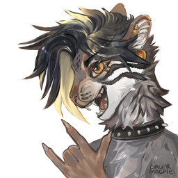 alternative_fashion anime_style anthro black_collar black_eyebrows brush claws collar collar_only ear_piercing eyebrows eyelashes female fur grey_body grey_fur grey_hair hair inner_ear_fluff markings multicolored_body multicolored_fur nude open_mouth piercing pink_nose punk punk_hair red_body red_fur solo spiked_collar spikes striped_markings stripes teeth teeth_showing tuft white_body white_fur yellow_eyes yellow_sclera drunkmagpie felid feline mammal pallas's_cat 1:1 hi_res