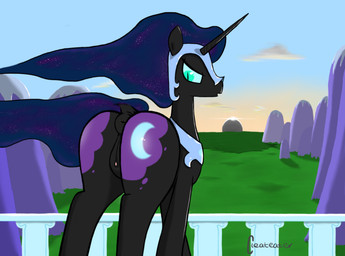 anus armor black_body black_fur blue_eyes butt clitoral_winking clitoris cutie_mark female feral fur genitals grass hair headgear helmet horn looking_back magic_user moon mountain nebulous_hair nude plant presenting puffy_anus solo sun vulva cleateater friendship_is_magic hasbro my_little_pony mythology nightmare_moon_(mlp) equid equine mammal mythological_creature mythological_equine unicorn