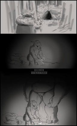 anthro breasts cave duo female fur genitals imminent_sex imminent_snu_snu larger_female male male/female nude nude_anthro nude_female raining size_difference smaller_male vulva jezzlen dungeons_and_dragons hasbro wizards_of_the_coast chuy_(jezzlen) asinus donkey equid equine mammal owlbear absurd_res comic hi_res