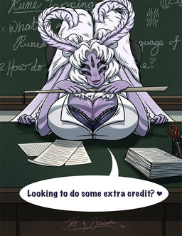 antennae_(anatomy) anthro big_breasts blush breasts clothed clothing dialogue female fur hair heart_after_text heart_symbol multi_arm multi_eye multi_limb open_mouth smile solo speech_bubble teacher text text_with_heart wings tekandprieda the_rune_tapper spindle_(tekandprieda) arachnid arthropod hybrid insect lepidopteran moth spider 2021 digital_media_(artwork) english_text