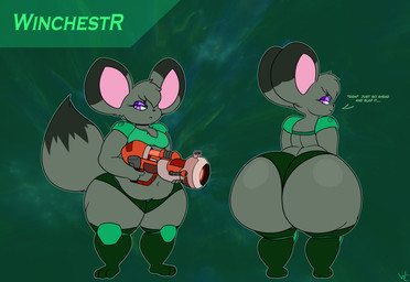 alternative_fashion anthro armor big_butt butt emo holding_object holding_weapon male solo text weapon winchestr westrnchilla chinchilla chinchillid mammal rodent absurd_res hi_res
