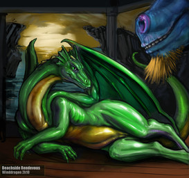 duo female feral genitals inviting looking_at_another looking_at_partner lying on_side seductive smile vulva winddragon mythology slitherette_(slither) dragon mythological_creature mythological_scalie scalie
