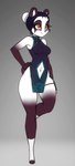 anthro breasts cutout female hair hair_bun hand_on_hip navel navel_cutout on_one_leg smile solo standing thick_thighs wide_hips yellow_eyes scorpdk bear giant_panda mammal 2023 absurd_res hi_res