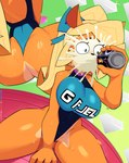 anthro backless_clothing backless_swimsuit beverage beverage_can big_breasts blonde_hair bodily_fluids breasts butt clothing female fur green_eyes hair one-piece_swimsuit open-back_swimsuit orange_body orange_fur solo surprise sweat swimwear wide_eyed lewdssonk activision crash_bandicoot_(series) g_fuel coco_bandicoot bandicoot mammal marsupial 2021 absurd_res hi_res