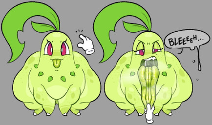 all_fours ambiguous_gender big_butt bodily_fluids bottom_heavy breath butt dialogue disembodied_hand duo ellipsis fangs feral front_view green_body green_tongue grey_background half-closed_eyes huge_butt huge_hips huge_thighs huge_tongue lidded_eyes long_tongue looking_at_viewer narrowed_eyes open_mouth overweight overweight_ambiguous overweight_feral presenting_mouth presenting_tongue red_eyes saliva saliva_string simple_background solo_focus teeth text thick_thighs thought_bubble tongue tongue_fetish tongue_out tongue_pull wide_hips sleepysalami nintendo pokemon chikorita generation_2_pokemon pokemon_(species) english_text full-length_portrait portrait