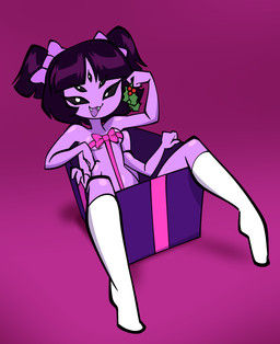 5_eyes 6_arms accessory accidental_holly bangs bdsm bedroom_eyes bent_legs black_hair black_sclera blunt_bangs bondage bound bow_(feature) bow_accessory bow_ribbon box breast_bow breasts christmas_present clothed clothed_female clothed_humanoid clothing container cute_fangs fangs feet female female_humanoid footwear front_view gift gift_bow gift_box gift_wrapped hair hair_accessory hair_bow hair_ribbon holding_holly holding_object holidays holly_(plant) kissing_bough knee_highs legwear looking_at_viewer mostly_nude mostly_nude_female mostly_nude_humanoid multi_arm multi_eye multi_limb narrowed_eyes non-mammal_breasts open_mouth open_smile pigtails pink_background pink_bow pink_ribbon plant pupils purple_body purple_bow purple_skin ribbon_bondage ribbons seducing_viewer seductive short_hair simple_background sitting small_breasts smile smiling_at_viewer smug socks solo teeth twin_bows twin_hair_bows white_clothing white_footwear white_legwear white_pupils white_socks jek_korpen christmas undertale undertale_(series) muffet animal_humanoid arachnid arachnid_humanoid arthropod arthropod_humanoid humanoid spider spider_humanoid absurd_res hi_res
