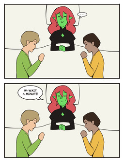 ambiguous_gender bed bed_covers bedding black_clothing black_topwear bodily_fluids closed_smile clothed clothed_ambiguous clothed_human clothed_humanoid clothing dialogue ellipsis eyes_closed front_view furniture green_body green_clothing green_topwear group hair humanoid_pointy_ears interlocked_fingers lying lying_on_bed medium_comic mouth_closed narrowed_eyes nervous nervous_sweat on_back on_bed on_side pillow pointy_ears red_hair sleeping smile speech_bubble sweat sweaty_face text topwear trio yellow_clothing yellow_topwear bonnymama7 elphaba_(bonnymama7) human humanoid mammal 2025 absurd_res comic digital_drawing_(artwork) digital_media_(artwork) english_text half-length_portrait hi_res portrait female_(lore)