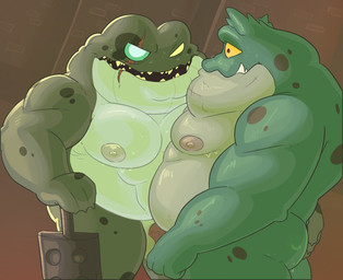 anthro belly big_belly butt butt_grab duo green_body hand_on_butt male male/male moobs musclegut muscular nipples overweight overweight_male scar weapon haxsmack amphibia_(series) disney captain_grime amphibian frog 2023 hi_res