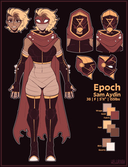 arm_wraps belly_wraps black_helmet blindfold blonde_hair border breasts brown_body brown_eyes brown_hair brown_skin cape clothing female gem hair mouth_wraps multicolored_hair quartz_(gem) red_border red_cape red_clothing red_helmet smile solo text thigh_wraps two_tone_hair white_clothing wraps yellow_clothing yellow_helmet conditional_dnp welwraith epoch_(welwraith) elemental_creature elemental_humanoid humanoid mineral_fauna mineral_humanoid 2026 absurd_res character_name digital_drawing_(artwork) digital_media_(artwork) hi_res model_sheet