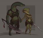 4_arms anthro armlet barefoot breasts clothed clothing feet female forked_tongue green_body green_scales hand_holding jewelry male melee_weapon multi_arm multi_limb necklace non-mammal_breasts scales size_difference sword thick_thighs tongue tongue_out under_boob weapon wide_hips rube dark_souls fromsoftware manserpent reptile scalie serpent_mage snake digital_media_(artwork) hi_res shaded